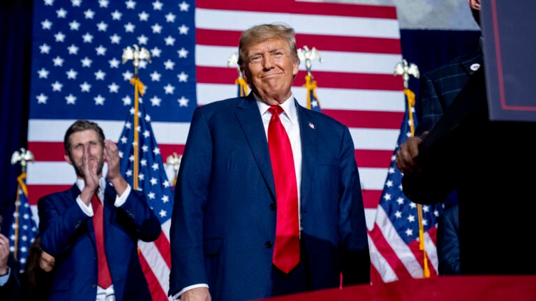 Republican presidential candidate former President Donald Trump appears at a caucus night party in Des Moines, Iowa, Monday, Jan. 15, 2024.