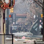 First responders work the scene after an explosion at the Sandman Signature hotel on Monday, Jan. 8, 2024, in Fort Worth, Texas.