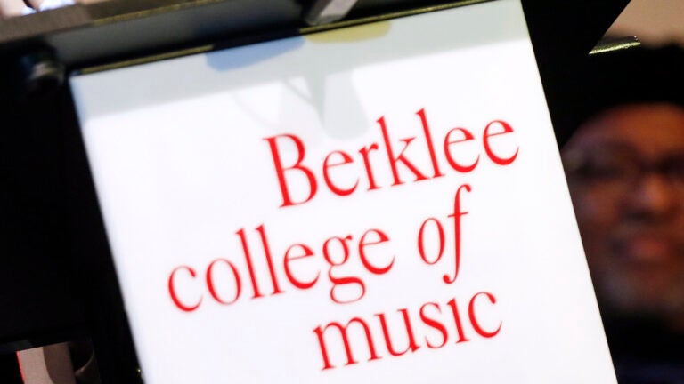 FILE - The Berklee College of Music sign is seen on a podium, Nov. 6, 2013, in Boston.
