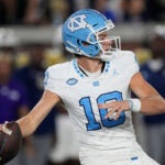 North Carolina quarterback Drake Maye (10) throws deep against Georgia Tech during the first half of an NCAA college football game, Saturday, Oct. 28, 2023, in Atlanta.