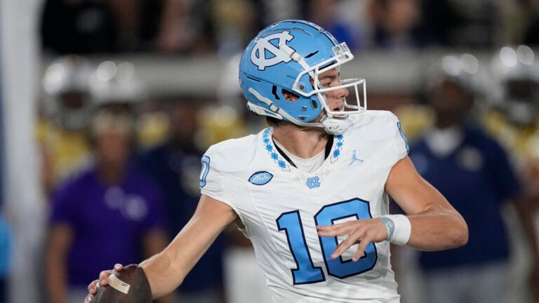 North Carolina quarterback Drake Maye (10) throws deep against Georgia Tech during the first half of an NCAA college football game, Saturday, Oct. 28, 2023, in Atlanta.