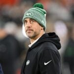 CLEVELAND, OHIO - DECEMBER 28: Aaron Rodgers #8 of the New York Jets looks on prior to playing the Cleveland Browns at Cleveland Browns Stadium on December 28, 2023 in Cleveland, Ohio.