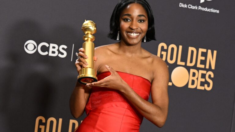 Dorchester native Ayo Edebiri posed with the award for best performance by a female actor in a television series, musical or comedy for "The Bear" in the press room during the 81st annual Golden Globe Awards Sunday night.