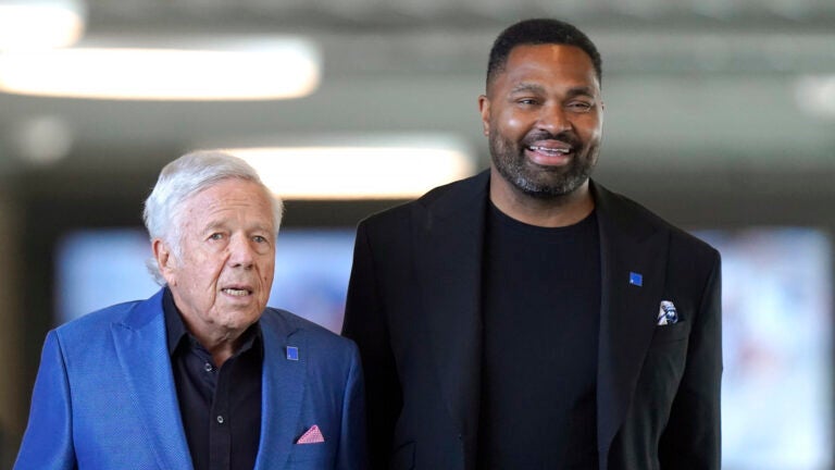 New England Patriots owner Robert Kraft, left, and newly-named Patriots head coach Jerod Mayowalk together Wednesday, Jan. 17, 2024, as they arrive at an NFL football news conference, in Foxborough, Mass. Mayo succeeds Bill Belichick as the franchise's 15th head coach.