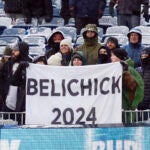 New England Patriots fans with a sign for head coach Bill Belichick in the second half. The Jets defeat the Patriots, 17-3, at Gillette Stadium.