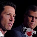 Boston Red Sox chief baseball officer Craig Breslow, left, with team president Sam Kennedy during a press availability at Fenway Park, Thursday, Nov. 2, 2023, in Boston.