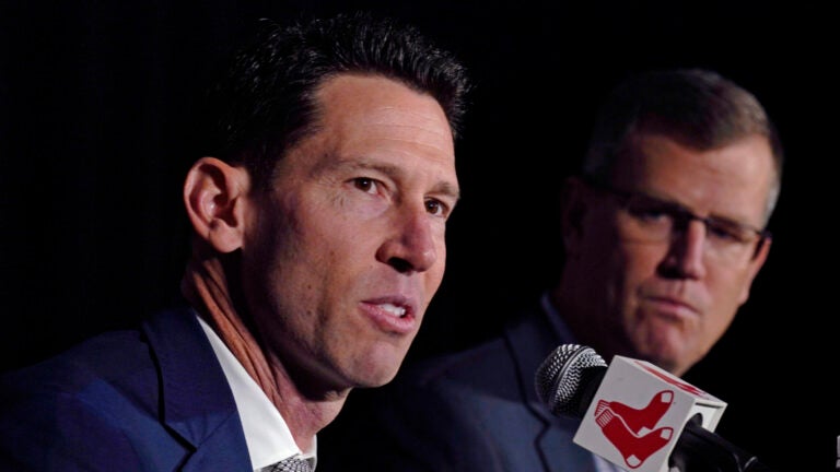 Boston Red Sox chief baseball officer Craig Breslow, left, with team president Sam Kennedy during a press availability at Fenway Park, Thursday, Nov. 2, 2023, in Boston.