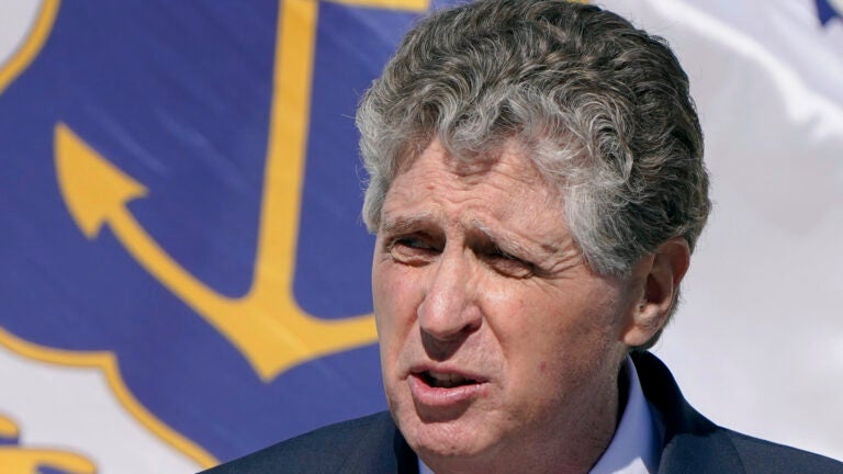 Rhode Island Democratic Gov. Dan McKee addresses a gathering during his inaugural address in Providence.