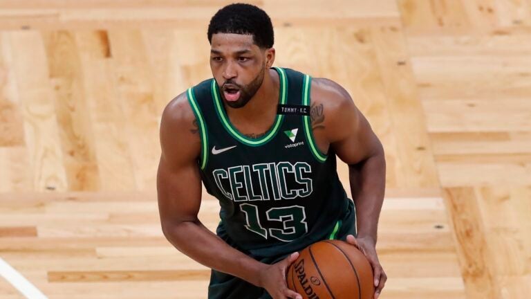 Boston Celtics' Tristan Thompson plays against the Portland Trail Blazers during the first half of an NBA basketball game, Sunday, May 2, 2021, in Boston.