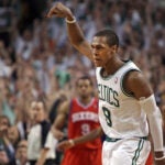 The Celtics Rajon Rondo reacts and brings the crowd out of their seats after he hit a three pointer to put Boston ahead 78-68 in the fourth quarter. The Boston Celtics hosted the Philadelphia 76ers for Game Seven of the NBA Eastern Conference Semi-Finals playoffs at the TD Garden.