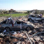 Destruction left by an Israeli bombing that hit a building for displaced people near Rafah, in southern Gaza.
