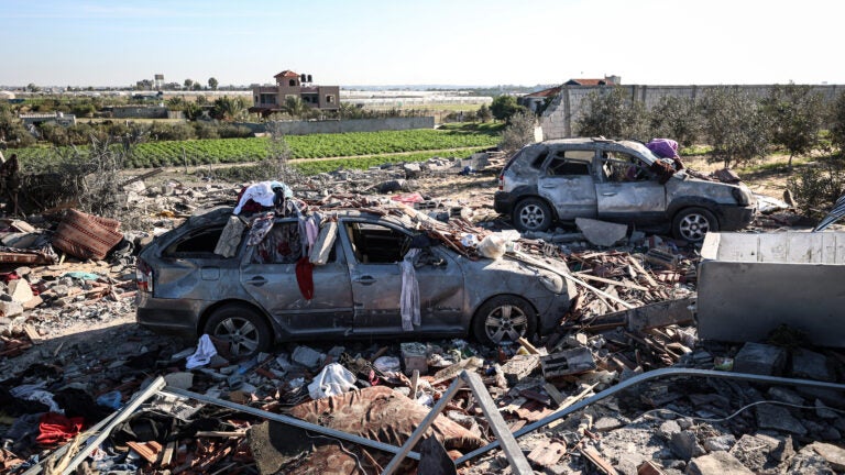 Destruction left by an Israeli bombing that hit a building for displaced people near Rafah, in southern Gaza.
