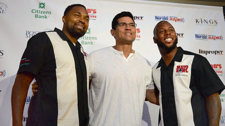 Dedham-09/25/17- The annual Mayo Bowl Fundraiser was held at the Kings Bowl at Legacy Place, benefiting the Boston Medical Center. Patriots Jerod Mayo(left) Tedy Bruschi(c) and James White before they bowled.
