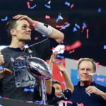 Patriots quarterback Tom Brady and Bill Belichick are pictured on the podium, I think the youngster in the middle is one of Brady's sons. The Atlanta Falcons play the New England Patriots in Super Bowl LI at NRG Stadium in Houston on Feb 5.