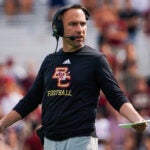 Boston College Eagles head coach Jeff Hafley questions a call during the fourth quarter. Boston College hosts Northern Illinois in their home season opener at Alumni Stadium in Chestnut Hill, MA.