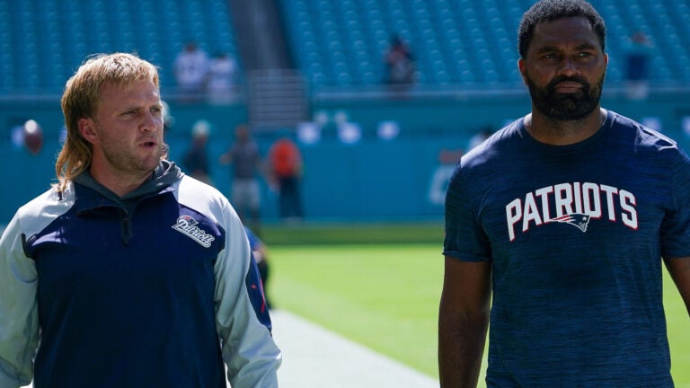 Steve Belichick, and Jerod Mayo, linebackers coaches during warmups. The Miami Dolphins host the New England Patriots in the season opener for both teams at Hard Rock stadium in Miami Gardens.
