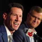 New Boston Red Sox director of baseball operations Craig Breslow speaks to the media accompanied by Boston Red Sox president and chief executive officer Sam Kennedy.
