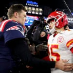 New England Patriots Tom Brady shaking hands with Kansas City Chiefs Patrick Mahomes after the Chief defeated the Patriots 23-16 at Gillette Stadium.