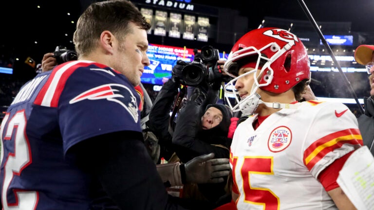 New England Patriots Tom Brady shaking hands with Kansas City Chiefs Patrick Mahomes after the Chief defeated the Patriots 23-16 at Gillette Stadium.