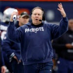 New England Patriots head coach Bill Belichick argues a call in the first half at Gillette Stadium.