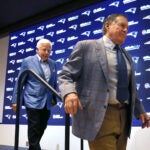 Robert Kraft(left) follows former Patriots coach Bill Belichick at the end of a media availability. New England Patriots owner Robert Kraft and departing head coach Bill Belichick addressed the media at Gillette Stadium about the departure of Belichick.