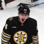 Bruins Jakub Lauko celebrates his 1st period goal.