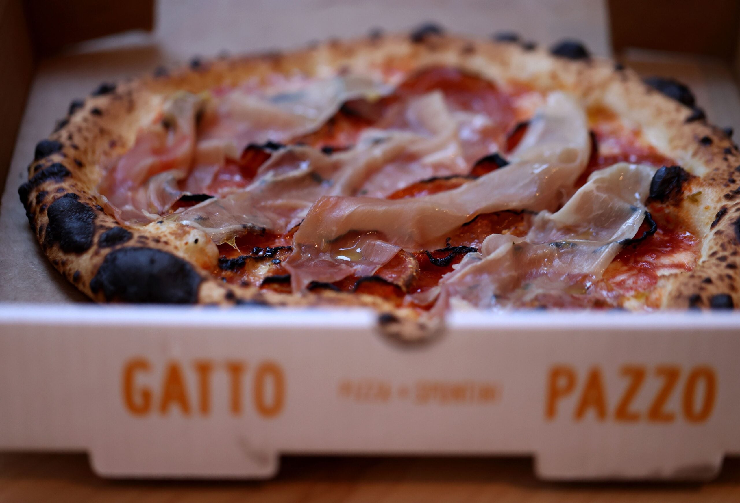 A meat lovers pizza from Gatto Pazzo, a restaurant at The Lineup food hall in Boston.