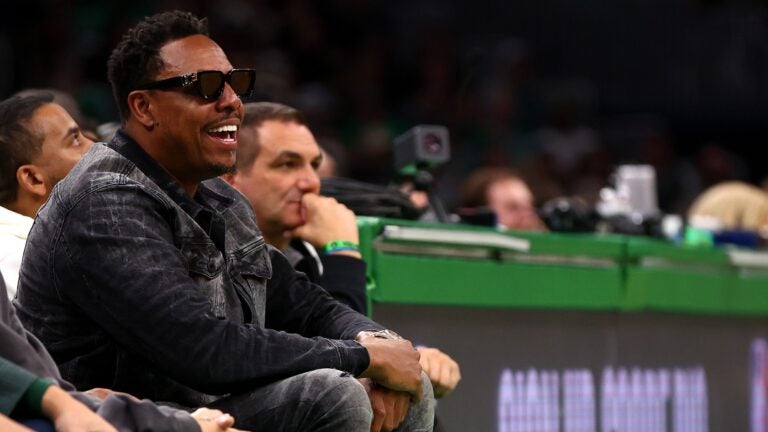 BOSTON, MASSACHUSETTS - DECEMBER 01: Former Boston Celtics player Paul Pierce watches the first quarter of the game between the Boston Celtics and the Philadelphia 76ers at TD Garden on December 01, 2023 in Boston, Massachusetts.