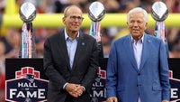 FOXBOROUGH, MASSACHUSETTS - SEPTEMBER 10: New England Patriots President Jonathan Kraft and New England Patriots owner Robert Kraft speaks during a ceremony honoring former New England Patriots quarterback Tom Brady at halftime of New England's game against the Philadelphia Eagles at Gillette Stadium on September 10, 2023 in Foxborough, Massachusetts.