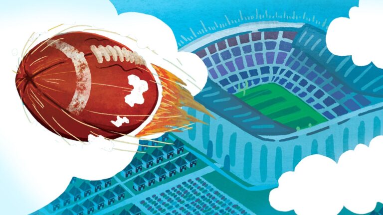 An illustration of a football ascending into the clouds from a blue stadium next to rows of homes.