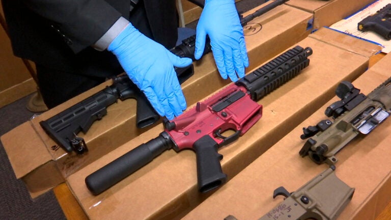"Ghost guns" are displayed at the headquarters of the San Francisco Police Department.