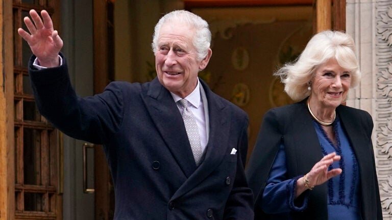 Britain's King Charles III and Queen Camilla leave The London Clinic.