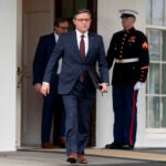 House Speaker Mike Johnson of La., arrives to speak to members of the media outside the West Wing after meeting with President Joe Biden at the White House in Washington, Tuesday, Feb. 27, 2024.