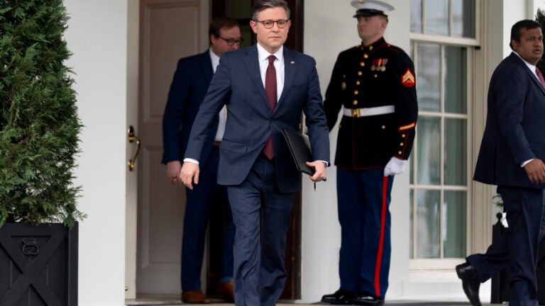 House Speaker Mike Johnson of La., arrives to speak to members of the media outside the West Wing after meeting with President Joe Biden at the White House in Washington, Tuesday, Feb. 27, 2024.
