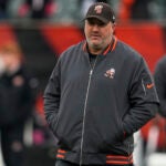 Cleveland Browns offensive coordinator Alex Van Pelt looks on before an NFL football game against the Cincinnati Bengals, Sunday, Jan. 7, 2024, in Cincinnati. For the second straight year, Browns coach Kevin Stefanski has made a made major change to his staff. Offensive coordinator Alex Van Pelt has parted ways with the team, leaving just days after Cleveland was blown out in the wild-card round by Houston and following a season in which the Browns were ravaged by injuries.