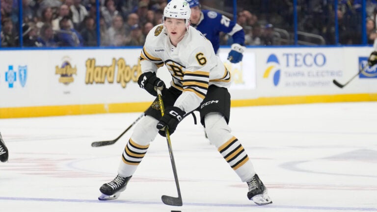 Bruins defenseman Mason Lohrei during a Nov. 20 game against the Tampa Bay Lightning.