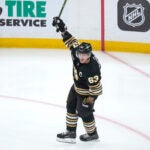 Boston Bruins left wing Brad Marchand celebrates his goal against the Vancouver Canucks during the first period of an NHL hockey game Thursday, Feb. 8, 2024, in Boston.