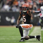 Cincinnati Bengals wide receiver Tee Higgins (5) gives the first down indication after his catch during an NFL football game against the Indianapolis Colts, Sunday, Dec. 10, 2023, in Cincinnati, OH.