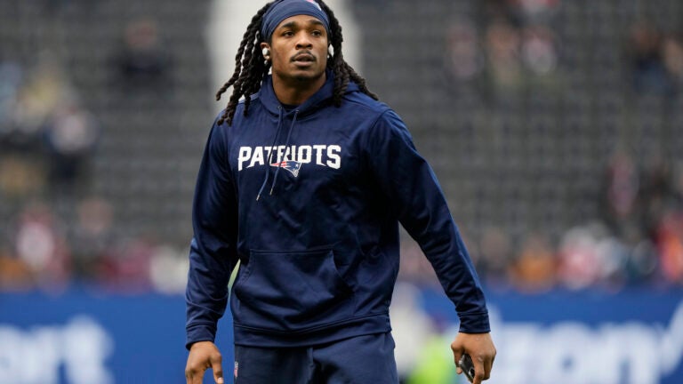 New England Patriots safety Kyle Dugger (23) warms up before an NFL football game between the New England Patriots and the Indianapolis Colts at Deutsche Bank Park Stadium in Frankfurt, Germany, Sunday, Nov. 12, 2023.