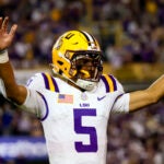 LSU quarterback Jayden Daniels (5) celebrates after a touchdown against Florida during the second half of an NCAA college football game in Baton Rouge, La., Saturday, Nov. 11, 2023. Daniels is a finalists for the Heisman Trophy.