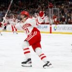 BOSTON, MA - FEBRUARY 05: Macklin Celebrini #71 of the Boston University Terriers celebrates his goal against the Boston College Eagles during the first period of the semifinals of the Beanpot Tournament at TD Garden on February 5, 2024 in Boston, Massachusetts.
