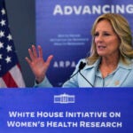 First lady Jill Biden addresses a gathering during a discussion on women's health research, Wednesday, Feb. 21, 2024, in Cambridge, Mass.