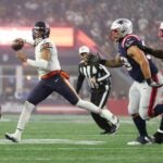 FOXBOROUGH, MASSACHUSETTS - OCTOBER 24: Justin Fields #1 of the Chicago Bears looks to pass during the first half against the New England Patriots at Gillette Stadium on October 24, 2022 in Foxborough, Massachusetts.