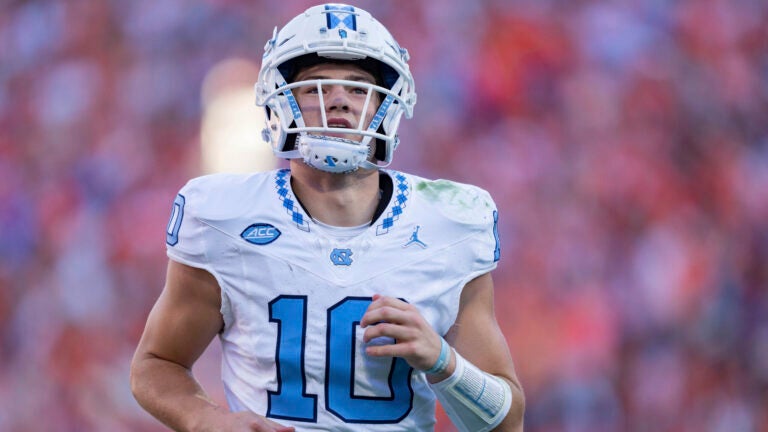 North Carolina quarterback Drake Maye (10) looks on during an NCAA college football game against Clemson Saturday, Nov. 18, 2023, in Clemson, S.C.