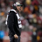 Defensive Line/Running Game Coordinator Jerry Montgomery stands on the sideline during an NFL football game against the Green Bay Packers Sunday, Jan. 21, 2024, in Santa Clara, Calif.