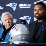 Foxborough, MA- 1/17/24- New England Patriots head coach Jerod Mayo, right, speaks during his introductory press conference with owner Robert Kraft at Gillette Stadium.