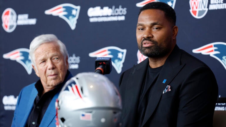 Foxborough, MA- 1/17/24- New England Patriots head coach Jerod Mayo, right, speaks during his introductory press conference with owner Robert Kraft at Gillette Stadium.
