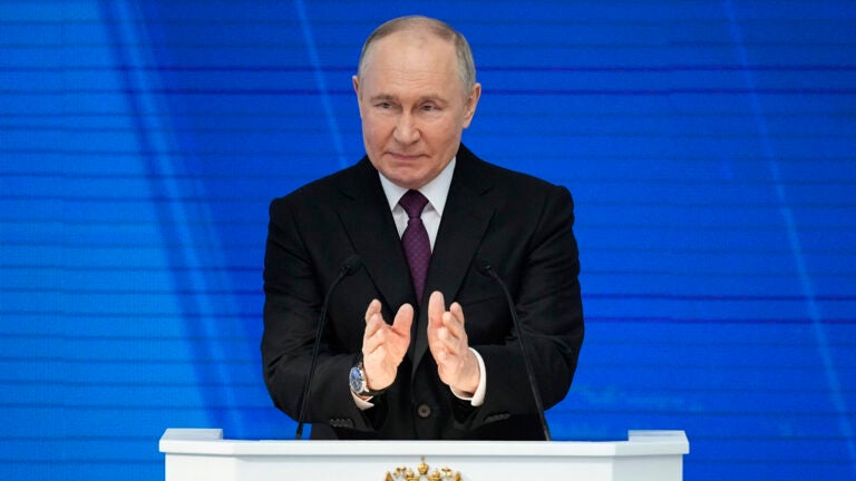 Russian President Vladimir Putin delivers his state-of-the-nation address in Moscow, Russia.