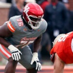 American offensive lineman Patrick Paul of Houston (76) during the second half of the Senior Bowl NCAA college football game, Saturday, Feb. 3, 2024, in Mobile, Ala.