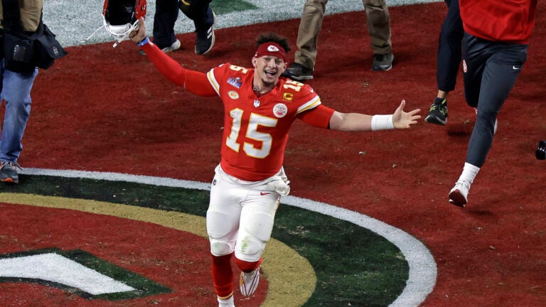 Kansas City Chiefs quarterback Patrick Mahomes (15) celebrates after defeating the San Francisco 49ers in the NFL Super Bowl 58 football game Sunday, Feb. 11, 2024, in Las Vegas. The Chiefs won 25-22 against the 49ers.
